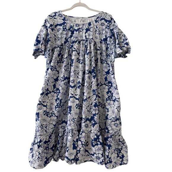 Vintage Simply Basic Blue & White Floral Cotton Midi Dress With Pockets L - Picture 2 of 13